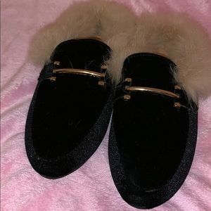 Faux fur slide-ons.